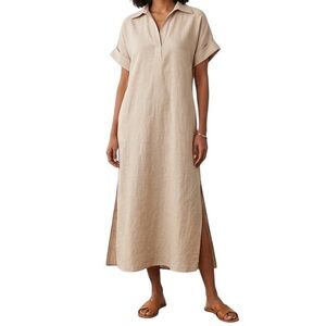 Massimo Dutti Linen-Blend Collared Full Length Kaftan Dress Beige Size Small